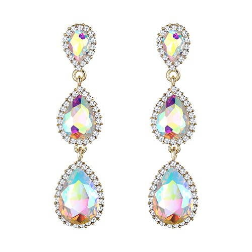 EleQueen Women's Crystal Teardrop Pear Shape 2.5 Inch Long Earrings | Dangle Earrings for Women, TearDrop Crystals Earrings for Bride Bridesmaid, Prom Jewelry for Wedding - color: Iridescent AB Gold-tone