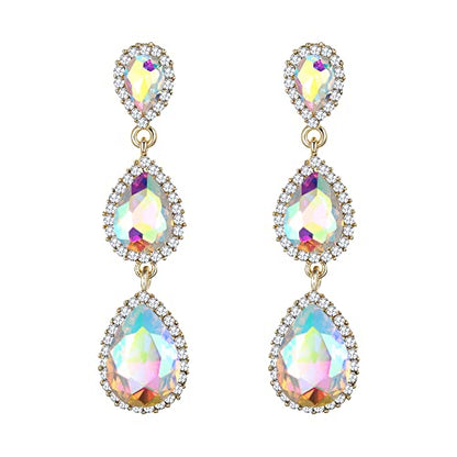 EleQueen Women's Crystal Teardrop Pear Shape 2.5 Inch Long Earrings | Dangle Earrings for Women, TearDrop Crystals Earrings for Bride Bridesmaid, Prom Jewelry for Wedding - color: Iridescent AB Gold-tone