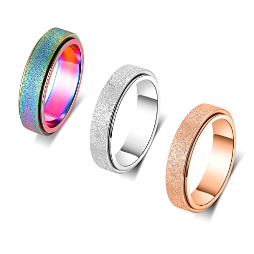 OreilleStar Titanium Stainless Steel Anxiety Ring for Women Men Fidget Spinner Ring, Size 6-12, Width 6MM, 5-Color: Rose Gold-Rainbow-Silver-Black-Blue - color: 3-Colors