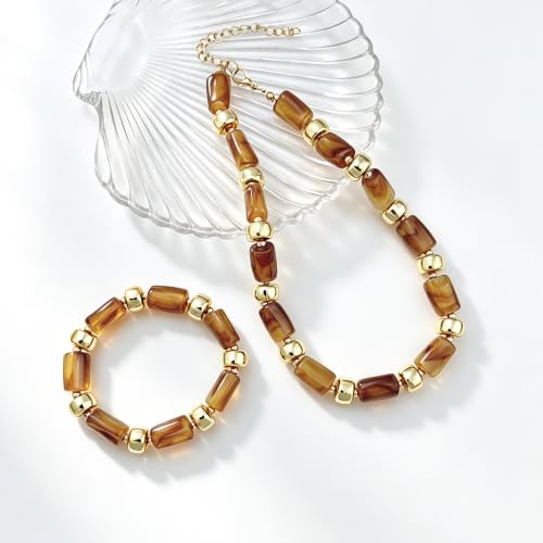 YBMYCM Colorful Resin Beaded Necklace Bracelet Set for Women, Adjustable Chunky Choker Necklace with Stretch Bracelet, Boho Statement Summer Beach Jewelry Gift for Her - color: Brown