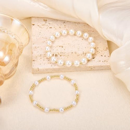 Ornaland Pearl Bracelets for Women Gold Beaded Bracelets Stackable Bracelets Set Stretch Summer Beach Jewelry for Women - style: Style D-2pcs