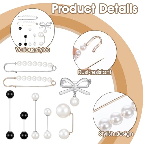 24/16 Pcs Pearl Brooch Pins Set, Decorative Safety Pin | Pant Waist Tightener Pins for Clothes Sweater Shawl Hat Clips White Collar Clips for Cardigan Dress Sweater - style: Pearl Style