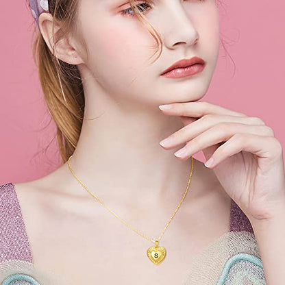 SOULMEET 10K 14K 18K Solid Yellow Gold/Plated Gold Locket Radiation Initial Heart Locket Necklace that Holds Pictures Personalized Photo Locket Necklace Alphabet A-Z - style: S-locket only