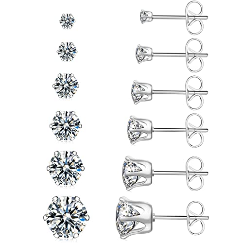 6 Pairs Hypoallergenic Stainless Steel Stud Earrings Cubic Zirconia Earrings Set 14K Gold Plated Multipack 3-8mm - color: Silver