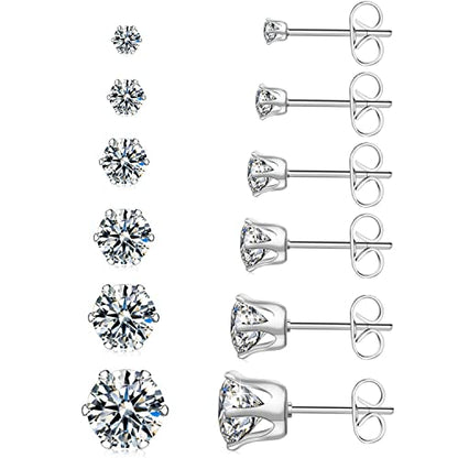 6 Pairs Hypoallergenic Stainless Steel Stud Earrings Cubic Zirconia Earrings Set 14K Gold Plated Multipack 3-8mm - color: Silver