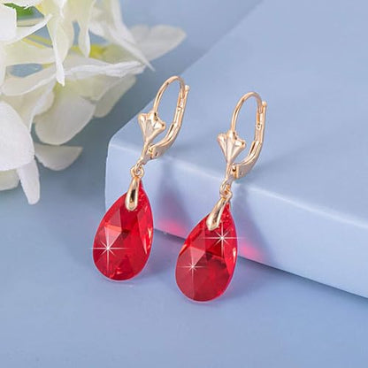 Austrian Crystal Teardrop Leverback Dangle Earrings for Women Fashion 14K Gold Plated Hypoallergenic Jewelry - color: Red