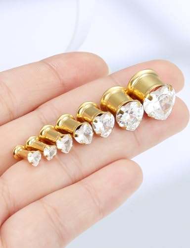 Astm F136 Titanium Heart CZ Ear Gauges Screw Fit Flesh Tunnels Plugs Gauges Earring Expander Stretcher Ear Tunnels For Ears 10G 8G 6G 4G 2G 0G 00G Plug Earrings Piercing Jewelry For Women Men - color: 6G Gauges, Gold
