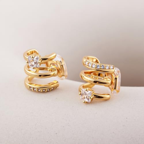 FAN&LOUIS Clip On Earrings Women, Gold Silver Triple Huggie Stud Clip-on Earrings Cubic Zirconia|Double Huggie Hoop Gold Hoop Earrings Clips for Women Trendy Lightweight - style: Gold