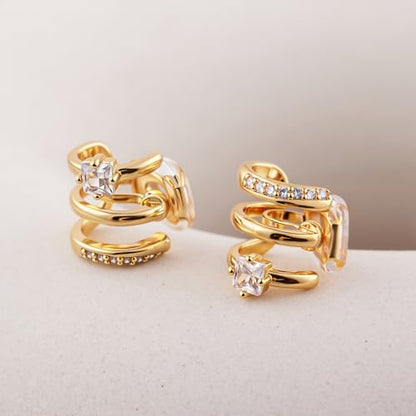 FAN&LOUIS Clip On Earrings Women, Gold Silver Triple Huggie Stud Clip-on Earrings Cubic Zirconia|Double Huggie Hoop Gold Hoop Earrings Clips for Women Trendy Lightweight - style: Gold