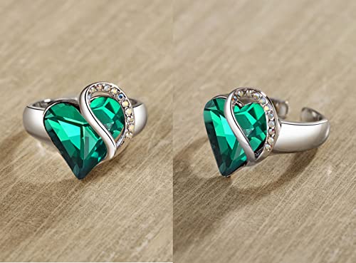 Leafael Infinity Love Women's Adjustable Crystal Heart Ring with Birthstone Crystals Healing Stones, Jewelry Gifts for Women, Birthdays Valentine's Day, Silver-Tone, Open End, Size 6.5-8 - color: 11-May-Romance-Emerald Green