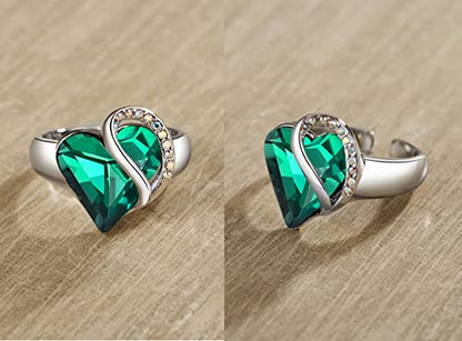 Leafael Infinity Love Women's Adjustable Crystal Heart Ring with Birthstone Crystals Healing Stones, Jewelry Gifts for Women, Birthdays Valentine's Day, Silver-Tone, Open End, Size 6.5-8 - color: 11-May-Romance-Emerald Green