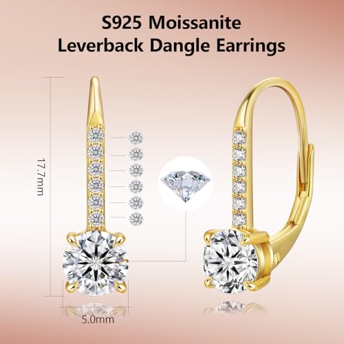 KRKC Moissanite Earrings, 1.0ct-2.0ct D Color Lab Created Diamond Earring, 14k White Gold Plated Sterling Silver Dangle Earrings S925 Leverback Drop Earring for Women Hypoallergenic Jewelry for Gifts - color: Round-Gold-5mm