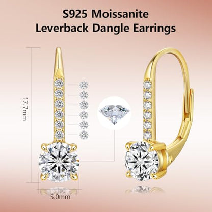 KRKC Moissanite Earrings, 1.0ct-2.0ct D Color Lab Created Diamond Earring, 14k White Gold Plated Sterling Silver Dangle Earrings S925 Leverback Drop Earring for Women Hypoallergenic Jewelry for Gifts - color: Round-Gold-5mm