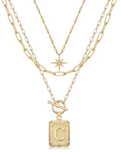 MJartoria Layered Initial Necklaces for Women | 14K Gold Plated Brass, Star Choker, Square Letter Pendant, Paperclip Chain - color: Gold, style: C