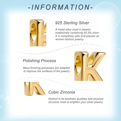 Gold Letter Charms A-Z for Bracelets 925 Sterling Silver Alphabet Initial Charms Beads Jewelry Gifts for Women - color: K