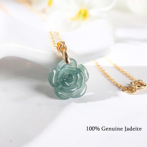 Real Green Jade Pendant Necklace for Women Donut/Heart/Clover/Teardrop/Rose/Lotus Flowers Genuine Jadeite Jewelry with Gold Plated 925 Sterling Silver Chain - style: Rose Silver Necklace