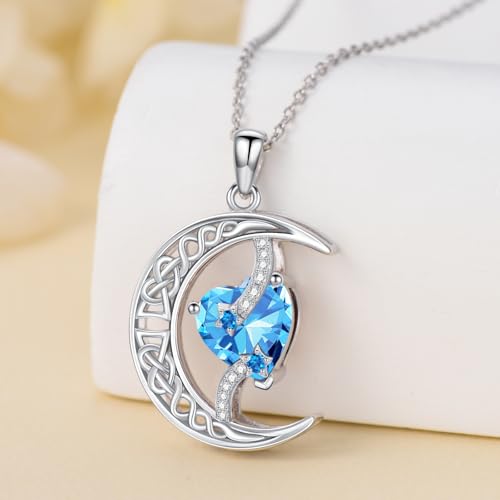 TOUPOP Moon and Star Birthstone Necklace for Women 925 Sterling Silver Celtic Moon Jewelry Birthday Mothers Day Gifts for Mom Wife Her - color: 03-March-Aquamarine