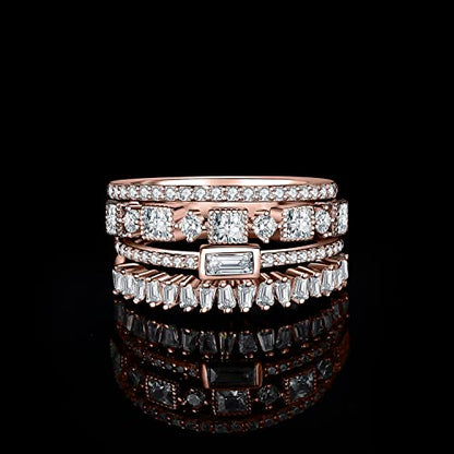 JewelryPalace Princess Emerald Cut CZ Stackable Wedding Ring Eternity Bands for Women, Cubic Zirconia 925 Sterling Silver 14k Yellow Rose Gold Plated Promise Ring for Her, 4pc Anniversary Ring Sets - color: F-4Pcs-Rose Gold Plated