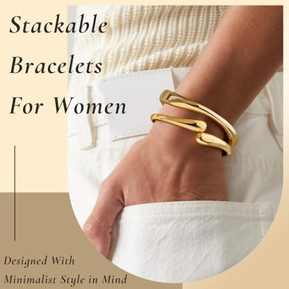 Gold Bangle Bracelets for Women Cuff Stackable Waterproof Non Tarnish Bracelet Stack Silver Plated 14k Chunky Bangles Jewelry Set for Woman - style: Style 15