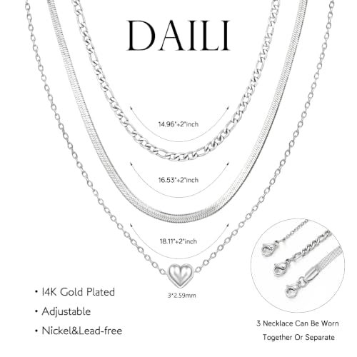 Layered Necklaces for Women,14k Gold Plated Dainty Necklace Stack Set Non Tarnish Adjustable Silver Stainless Steel CZ Heart Circle Pendant Paperclip Choker Herringbone Snake Chain Jewelry - style: Heart Layered Necklace-Silver