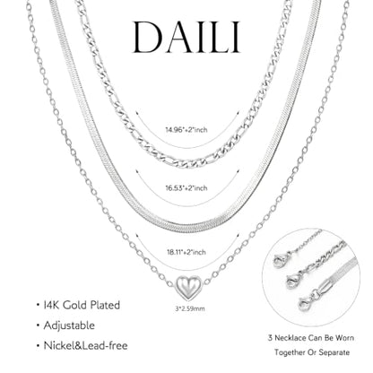 Layered Necklaces for Women,14k Gold Plated Dainty Necklace Stack Set Non Tarnish Adjustable Silver Stainless Steel CZ Heart Circle Pendant Paperclip Choker Herringbone Snake Chain Jewelry - style: Heart Layered Necklace-Silver