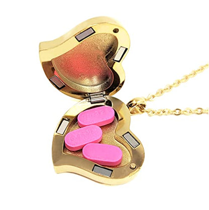 Amour Heart Pill Necklace - Polished Heart Locket with Strong Magnetic Closure - Medication Necklace - Keep Your Medication Securely with You at All Times - 26 Inch Chain - color: Gold