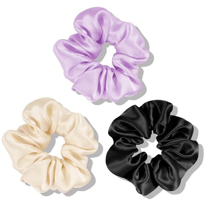 OLESILK 100% Mulberry Silk-Scrunchies for Hair Sleep, Women Grils Silk Hair Ties for Frizz & Breakage Curly Hair, No Damage, Elastics Ponytail Holder, 3 Pack - color: 3pcs, Black-Light Champagne-Lavender