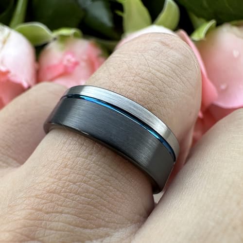 TUTISS 8mm Black/Blue/Gold/Rose Gold Tungsten Rings for Men Women Fashion Engagement Wedding Bands Brushed Finish Offset Line Comfort Fit - color: 8mm Black Blue Tungsten