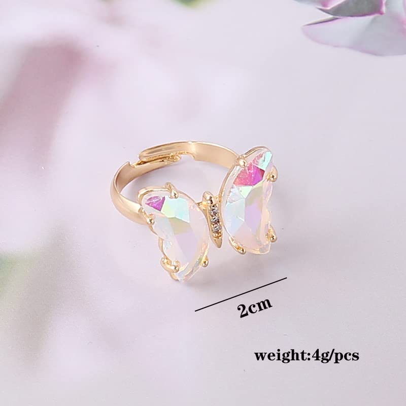 COLORFUL BLING Adjustable Elegant Transparent Crystal 3D Butterfly Rings for Women Aesthetic Gold Plated Cute Animal Insect Open Finger Cuff Ring Birthday Valentine Gifts - color: transparent white