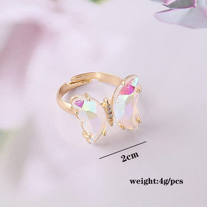 COLORFUL BLING Adjustable Elegant Transparent Crystal 3D Butterfly Rings for Women Aesthetic Gold Plated Cute Animal Insect Open Finger Cuff Ring Birthday Valentine Gifts - color: transparent white