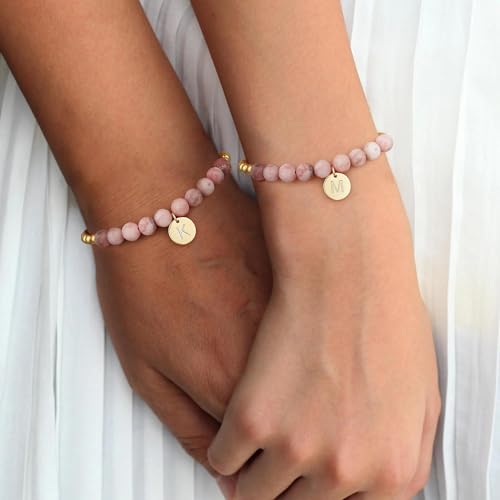 Ritach Initial Bracelets for Girls Kids - Pink Zebra Natural Stone Disc/Heart Initial Bracelet Adjustable Gold/Silver Beaded Bracelets for Girls Kids Teen Girl Jewelry Birthday Gifts - color: D-Gold