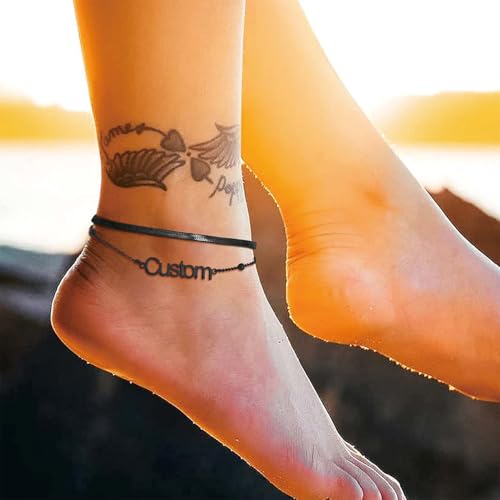 U7 Custom Layered Ankle Bracelets for Women Stainless Steel Bead/Cuban/Figaro/Rope/Wheat Chain Anklet Waterproof Anklet Jewelry for Beach Vacation - color: c-Black-Herringbone Chain