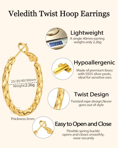 3MM Thin Sterling Silver Hoop Earrings for Women Hypoallergenic | Lightweight Small Silver Hoop Earrings Thin Twisted Hoop Earrings for Sensitive Ears - color: Gold-30MM