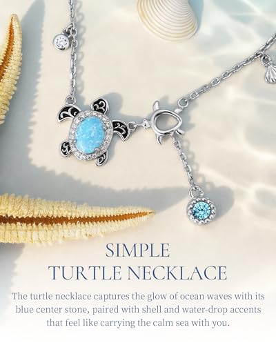 925-Sterling-Silver Sea Turtle Necklace for Women - Opal Turtle Pendant with Shell Bithday Mother's Day Christmas Ocean Theme Jewelry gift for Mom and Daughter