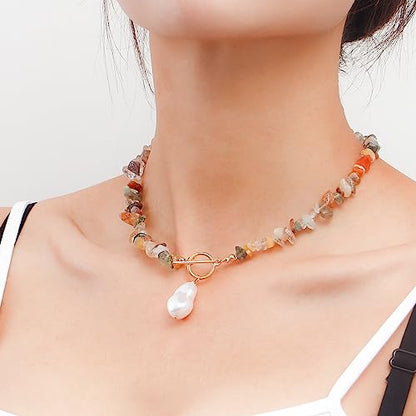 Bohemian Stone Pearl Choker Necklace for Women Dainty Natural Irregular Stone Choker Turquoise Beaded Lariat Necklace Simple Fashion OT Toggle Spiritual Handmade Jewelry - color: Whit Brown