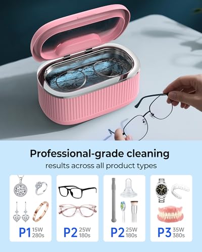 35W Ultrasonic Jewelry Cleaner, 45KHz Retainer Cleaner for Jewelry, 5 Timer & 3 Power Modes, Eyeglasses, Rings, Watch Strap, Dentures - 20oz, 304 Stainless Steel Tank, Quiet <38dB (Pink) - color: Pink