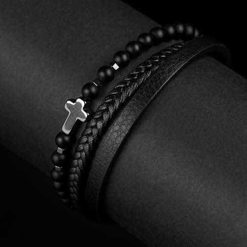Cross Bracelet for Men - Genuine Leather Religious Bracelets | Stylish Christian Bracelet for Men - Perfect Faith Accessory | Mens Cross Bracelet - Christian Jewelry - style: Shadow