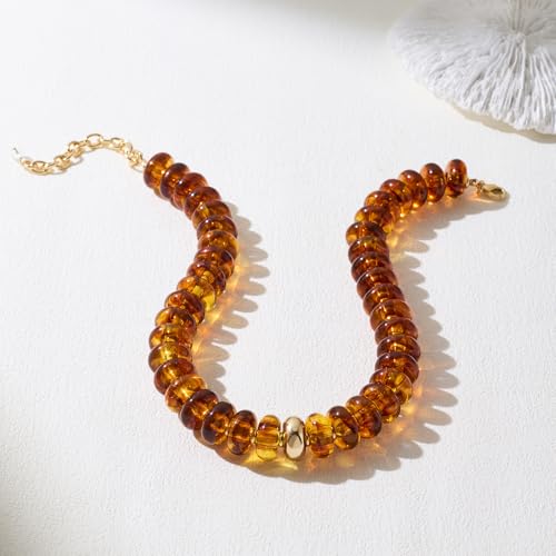 Chunky Colorful Choker Necklace for Women - Summer Beach Round Resin Beads Necklace, Trendy Statement Summer Beach Jewelry Birthday Gifts for Vacation Holiday - color: 18mm Amber Brown Bead