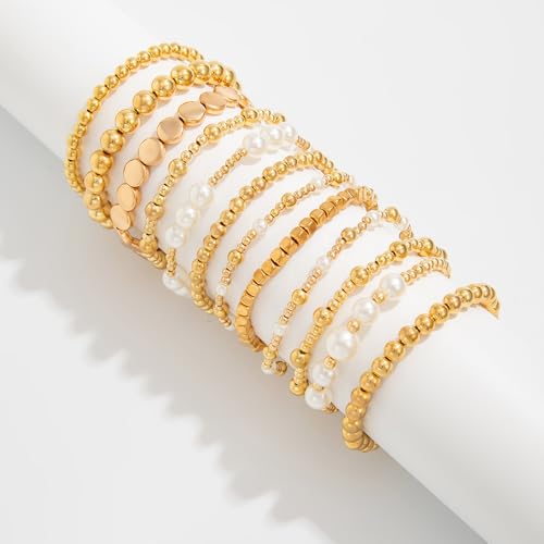 wekicici Golden Bracelet for Women Gold Plated Layered Beads Ball Bracelets Stackable Faux Pearl Bead Bracelet Set Fashion Adjustable Bracelet Set Jewelry for Gifts