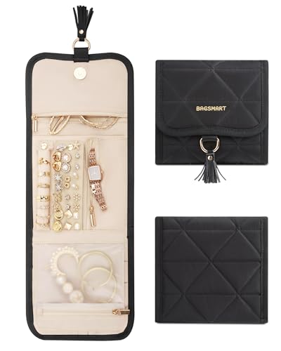 BAGSMART Travel Jewelry Case Organizer, Roll Foldable Jewelry Case for Journey-Rings, Necklaces, Earrings, Bracelets, Brooches, Min, Black - color: Black, size: Small