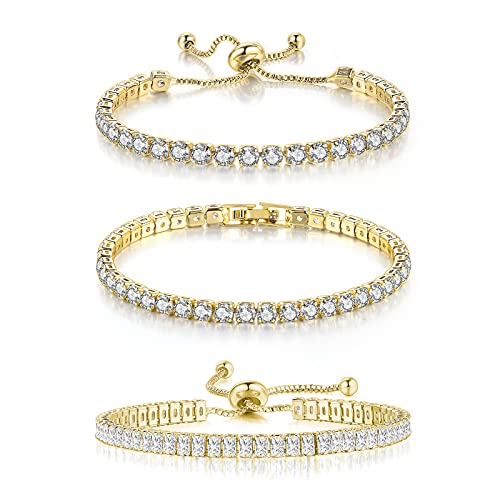 3 Pcs Tennis Bracelets for Women 14K Gold Plated 4mm 5A+ Cubic Zirconia CZ Diamond Classic Adjustable Slider Bracelet Fashion Jewelry Wedding Gift Size 6.5-7.5 Inch - color: Yllow Gold