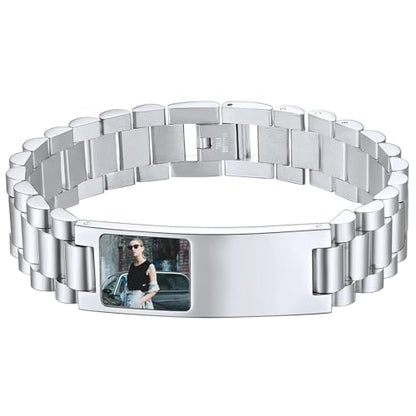 ChainsHouse Men Stainless Steel Bracelet Adjustable Custom ID Engraved Gift | Personalized Silver/Gold/Black for Birthday Father Husband Boyfriend with Gift Box Adjustable Tool 10mm/15mm/15.5mm 8.3"/8.7" - color: E.15mm Width-Silver-Photo Custom