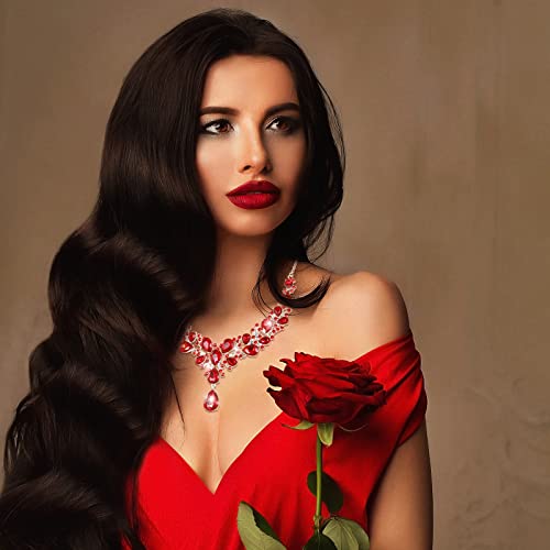 Hicarer Bridal Teardrop Cluster Crystal Jewelry Set for Women Necklace Earrings Wedding - color: Red