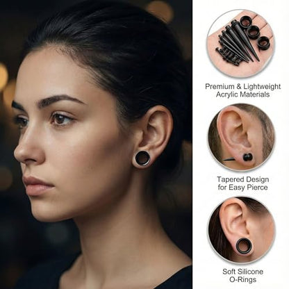 50-Piece Ear Gauges Stretching Kit, 14G-00G | Acrylic tapers and plugs with soft silicone tunnels, body piercing jewelry for women and men - color: Black 1