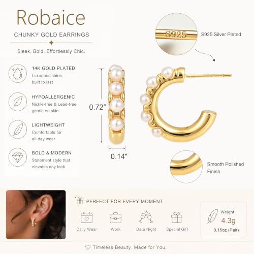 Robaice Chunky Huggie Earring for Women，14K Gold Plated Hoop Earrings | Gold Huggie 925 Sterling Silver Post Earrings, Statement Trendy Hoop Earring，Fashion Lightweight Jewelry Gifts for Women - color: Gold-B