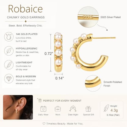 Robaice Chunky Huggie Earring for Women，14K Gold Plated Hoop Earrings | Gold Huggie 925 Sterling Silver Post Earrings, Statement Trendy Hoop Earring，Fashion Lightweight Jewelry Gifts for Women - color: Gold-B