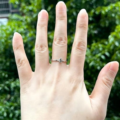 Sun and Moon Rings Stainless Steel Crescent Sun Rings for Women Gold Open Ring Middle Index Finger Jewelry Gift - color: C-Silver Moon