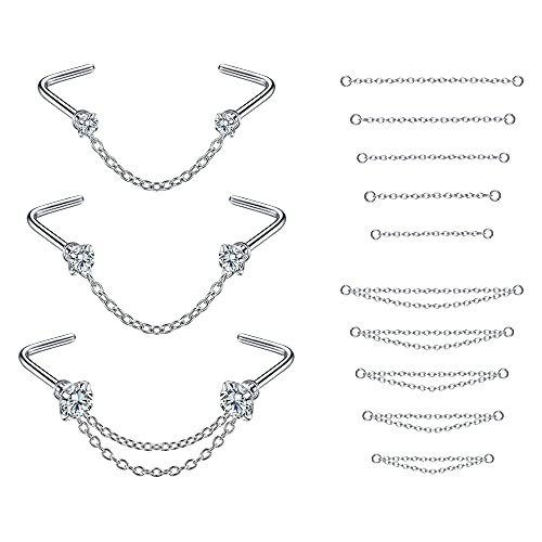 PunkTracker 20G Nose Rings 2mm 2.5mm 3mm CZ Nose Studs | with Chains Surgical Steel Nose Piercing Jewelry Nose Ring Studs - style: Silver, L-Shape