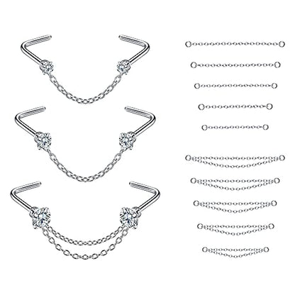 PunkTracker 20G Nose Rings 2mm 2.5mm 3mm CZ Nose Studs | with Chains Surgical Steel Nose Piercing Jewelry Nose Ring Studs - style: Silver, L-Shape