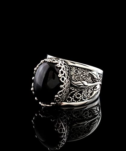 Filigranist 925 Sterling Silver Filigree Art Lace Embroidery Tulip Detailed Gemstone Women Cocktail Ring, Luxurious Gift Boxed - color: Black Onyx